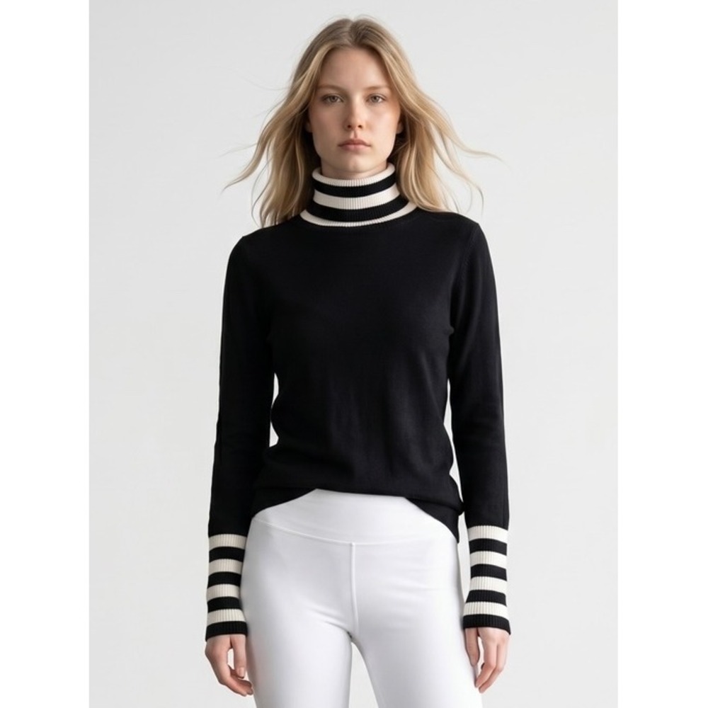 Kier + J Womens 100% Cashmere Striped Turtleneck Sweater Black White Small